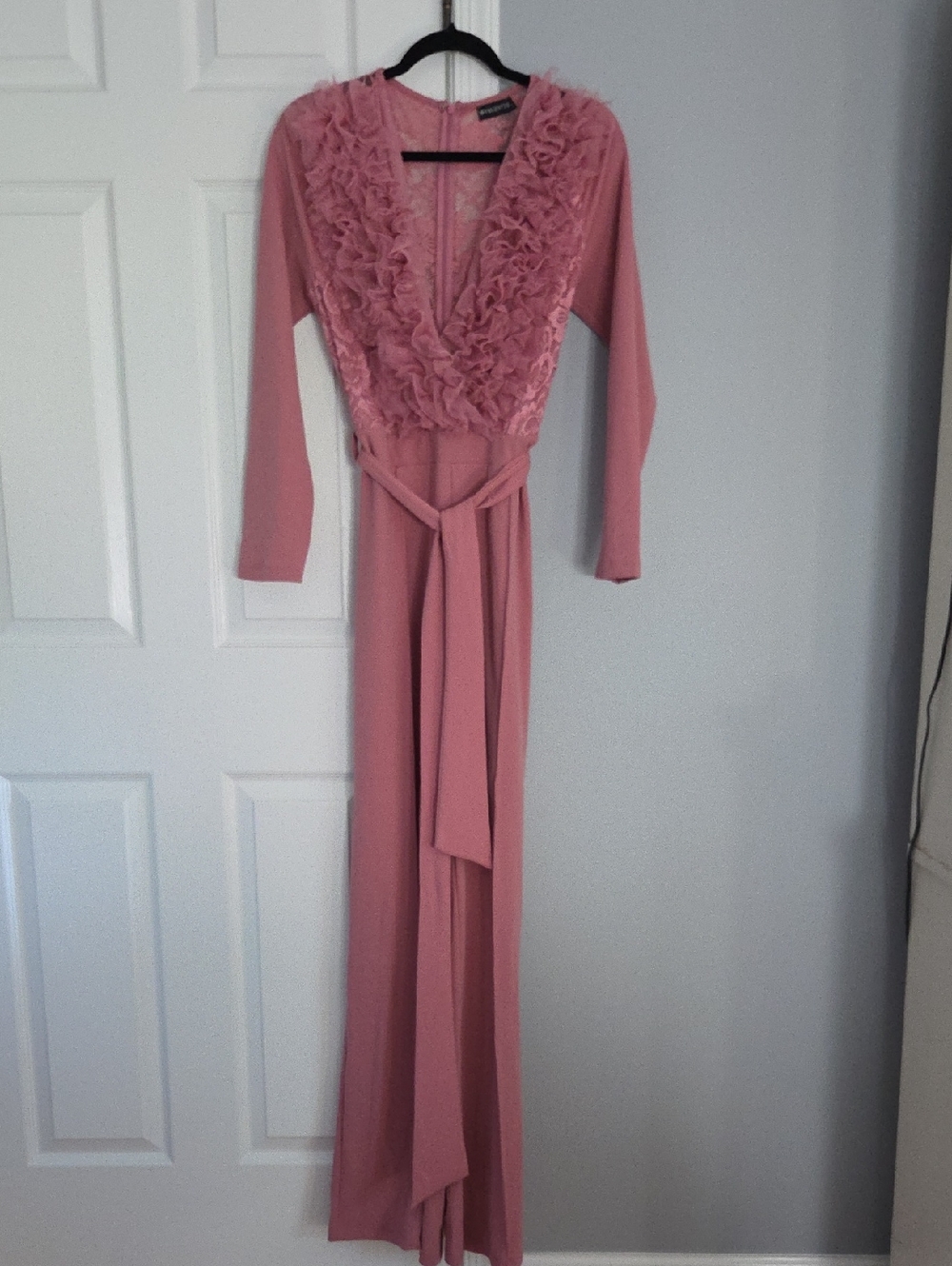 VTG Pink Lace Ruffle Palazzo Jumpsuit Belted Glam Romper